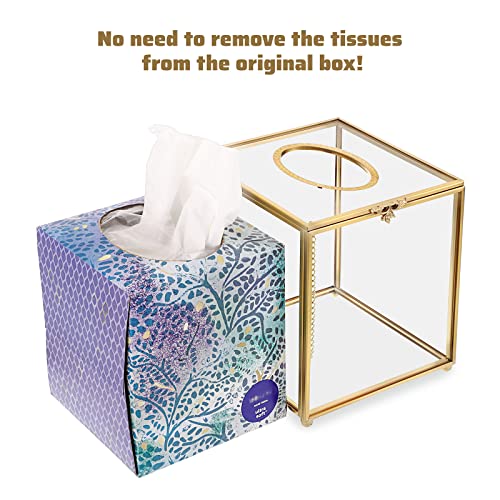 Sumnacon Square Clear Glass Tissue Box Cover -Dainty Cube Tissue Box Holder, Gorgeous Gold Facial Tissue Holder For Dresser Bathroom Bedroom Home Office Bar Restaurant Decor #TOP6