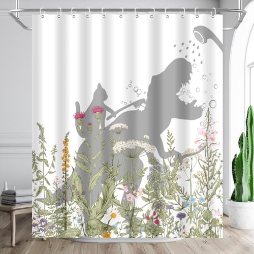 Image of Cat Dinosaur Shower Curtain Funny Cat Help Dino Bathe Behind Wildflowers Trex Silhouette Shadow for Kids Bathroom Home Decor Waterproof Polyester Fabric 72Lx60W Inch with Hooks
