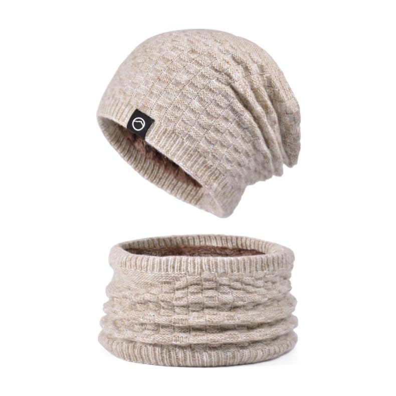 WANYI 2 in 1 Winter Mütze Schal Set Damen Wintermütze Warme Strickmütze Beanie Mütze mit Weiches Innenfutter 55-60CM(Khaki)