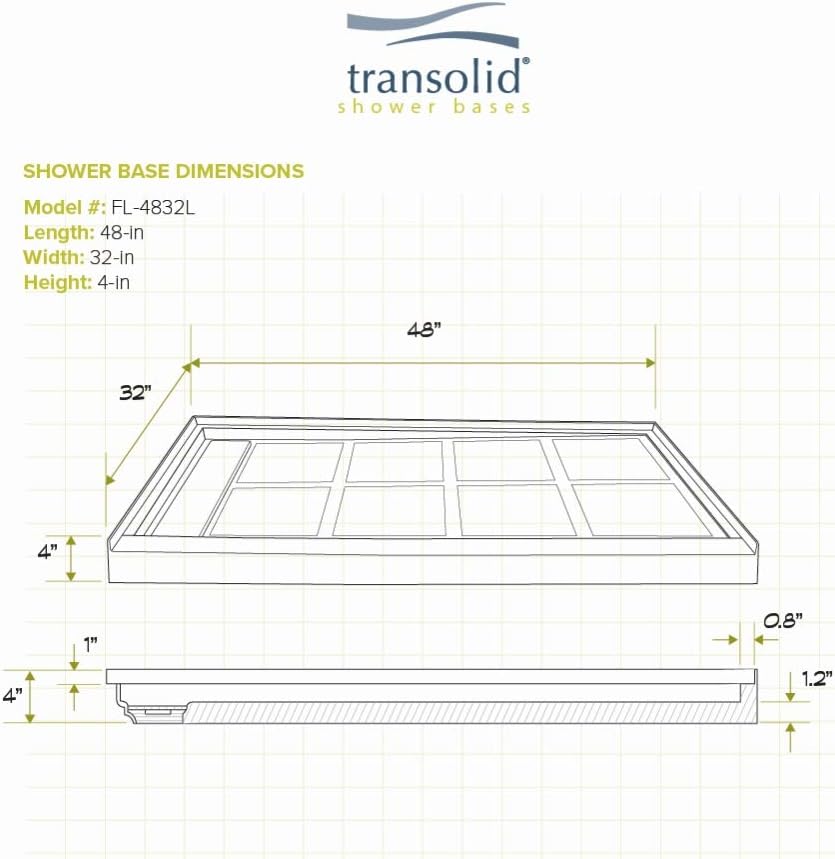 Transolid FL4832L-39 Linear 48-in W x 32-in L Rectangular Alcove Concealed End Drain Shower Base with Left Hand Drain, Grey