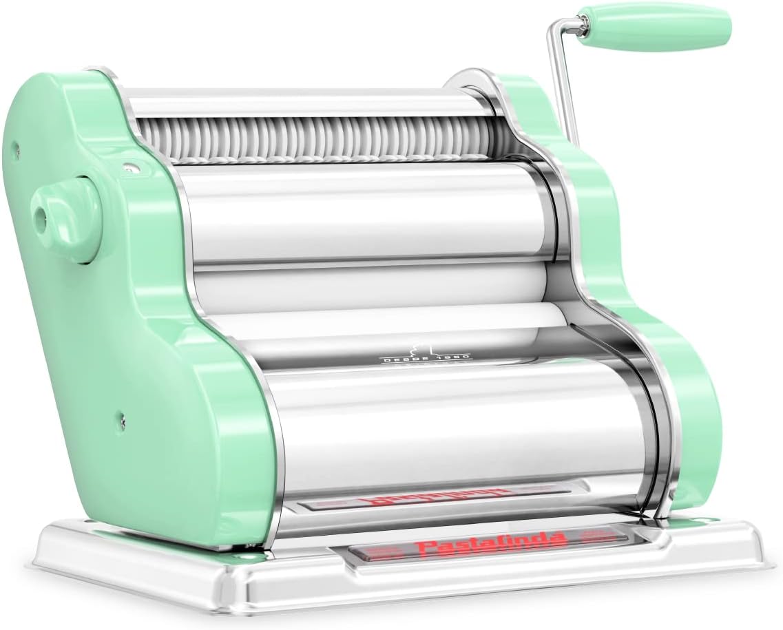 PASTALINDAClassic 200 Pasta Maker Machine, 20 cm Wide Rollers, 9 Thickness Positions, 2 Cutting Positions, Stainless Steel. Includes Reinforced Hand Crank And Two Clamps (White)