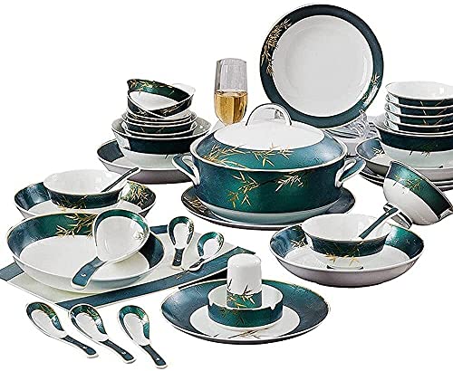 SdaryWare Vajilla de 58 Piezas, Juego de Plato y Cuenco de Porcelana, vajilla de Regalo Europea de Porcelana Fina, decoración con Estampado de bambú Dorado.