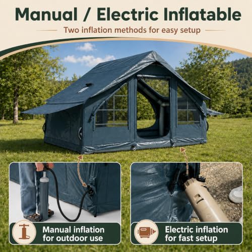Carpa Inflable para Camping con Bomba de Aire Eléctrica - Carpa Cabina Inflable de Oxford 420D Resistente - Inflado Automático en 5 Minutos con Claraboya Panorámica y Chimenea para Camping 4 Estaciones (4-6 Personas) miniatura 5