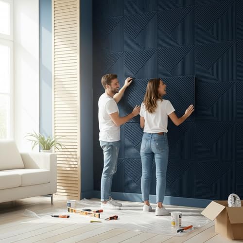 Image of Kayra Decor Wall Panels for Bedroom - PVC Fluted Design Navy Blue Color 19.7 inch x 19.7 inch (Pack of 12) - Covers 32.34 Sq. Ft.