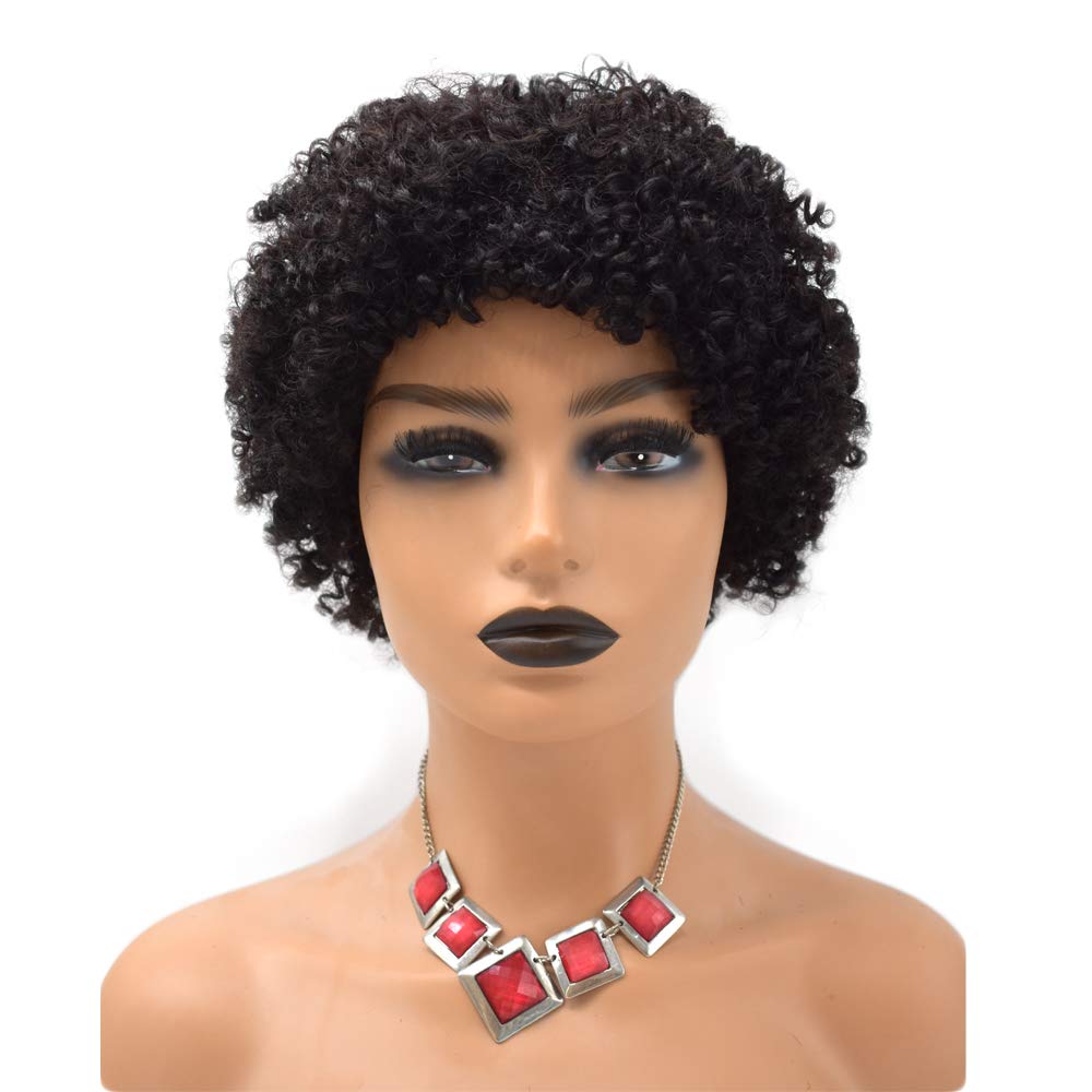 LYRICAL HAIR Afro Kinky Curly Short Human Hair Wigs for Black Women with Bangs African American Machine Made Wig Brazilian Natural 150% Density 8 Inch Hair Length 1B# Natural Black Color