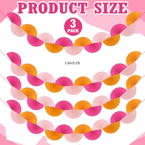 Image of 3 Pack Red Pink Orange Party Decorations Paper Fans Garland 15.6ft Background Ceiling Hanging Decorations for Sunset Soiree Wedding Birthday 3D Bachelorette Dawn Sunset Party Decoration