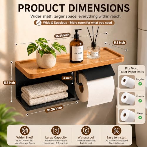 Toilet Paper Holder with Wide Solid Wood Shelf, Wall Mounted Matte Black by MINGLING - Used condition - Image 3