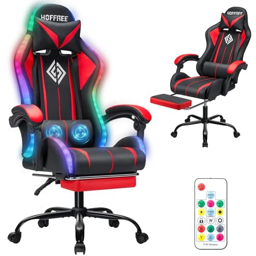 Image of HOFFREE Gaming Chair Massage with LED RGB Lights and Footrest Ergonomic Computer Chair High Back Video Game Chair with Adjustable Lumbar Support Linkage Armrest Red and Black