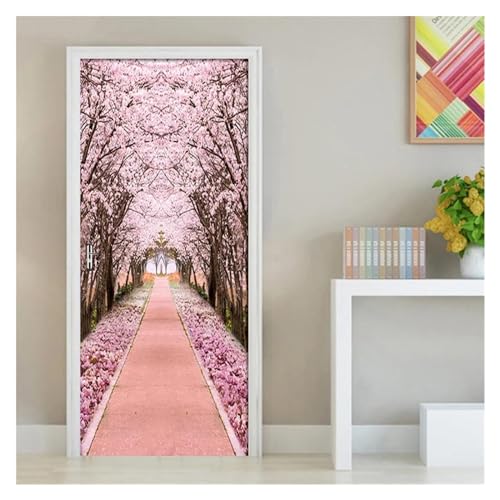 Rénover une porte abîmée avec le sticker mural chemin de cerisier rose