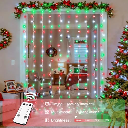 Image of JMEXSUSS 300LED Red White and Green Christmas Curtain Lights with Remote