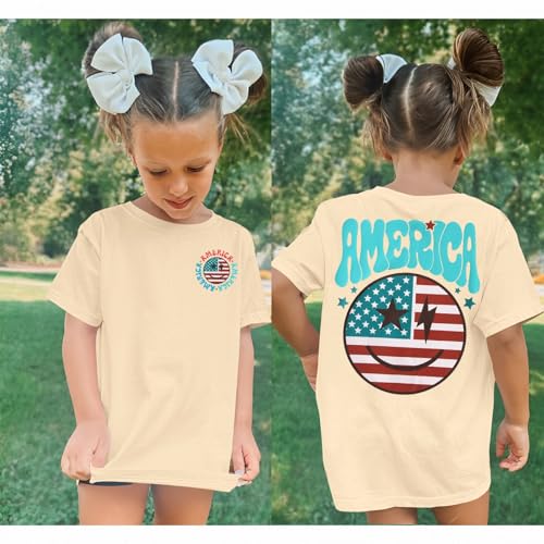 Image of MODNTOGA Boys Girls 4th of July Shirt USA Flag Graphic T-Shirt Big Kids America Print Short Sleeve Patriotic Holiday Tee Tops (Beige, 7-8 Years)