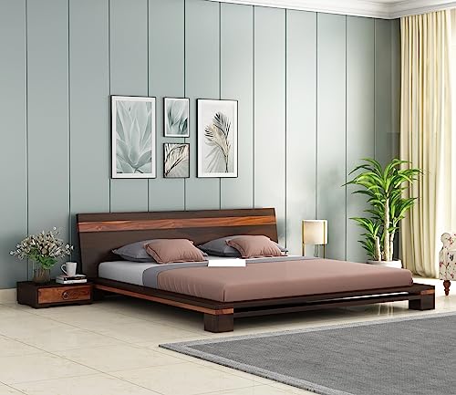 Image of Solid Shesham Wood Wooden Queen Size Bed (Queen, Walnut Finish)