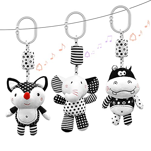 Image of XIXILAND Hanging Rattles Toys White & Black Stroller Toy, Newborn Toys Infant Toys Crib Toys, Soft Plush for Stroller Car Seat Crib with Wind Chimes, Best Baby Gift for 0,3,6,9,12,18 Months (3 Packs)