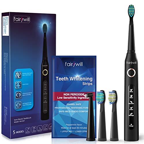 Teeth Whitening Strips 28Pcs with Sonic Electric Toothbrush Kit Fast Results & No Sensitivity, Safe for Enamel 3D Strips Remove Stains and Whiten Teeth in 1 Hour,Fairywill