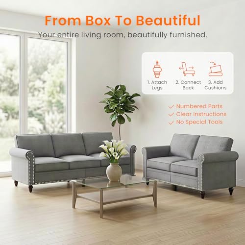 Image of ijuicy 2-Piece Sectional Sofa Set, Modern Linen Couch Set (Light Gray) | with 5 inch Thicken Cushion & Nailhead Trim, Living Room Furniture Set-Loveseat and 3 Seat Sofa