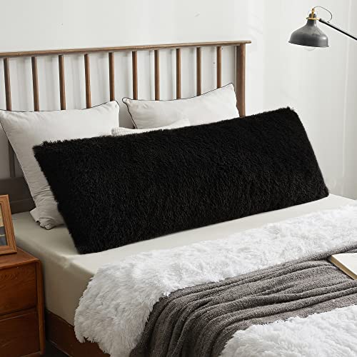 XeGe Soft Plush Body Pillow Cover 20x54 Big Fluffy Body Pillowcase Boho Faux Fur Fuzzy Long Decorative Pillow Sham for Bedroom Sofa Couch Solid Shaggy Throw Bed Pillow Case Black