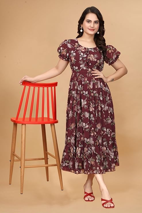 Image of Women's Georgette Dresses Floral Printed One Piece Stylish Long Maxi Western Frock Midi Dress for Women (Puffed Sleeves) for Gals