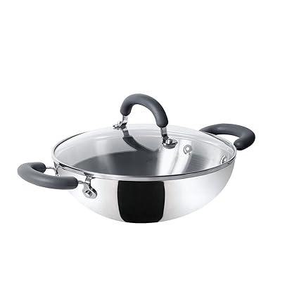 Meyer Trivantage Nickel Free Stainless Steel Triply Kadai | Steel Kadhai with Lid | Stainless Steel Kadhai | Kadhai for deep Fry, 26cm, Silver