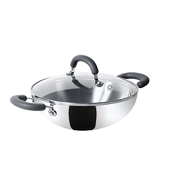 Meyer Trivantage Nickel Free Stainless Steel Triply Kadai | Steel Kadhai with Lid | Stainless Steel Cookware with Induction Base | Small Stainless Steel Kadhai | Kadhai for deep fry, 24cm, Silver
