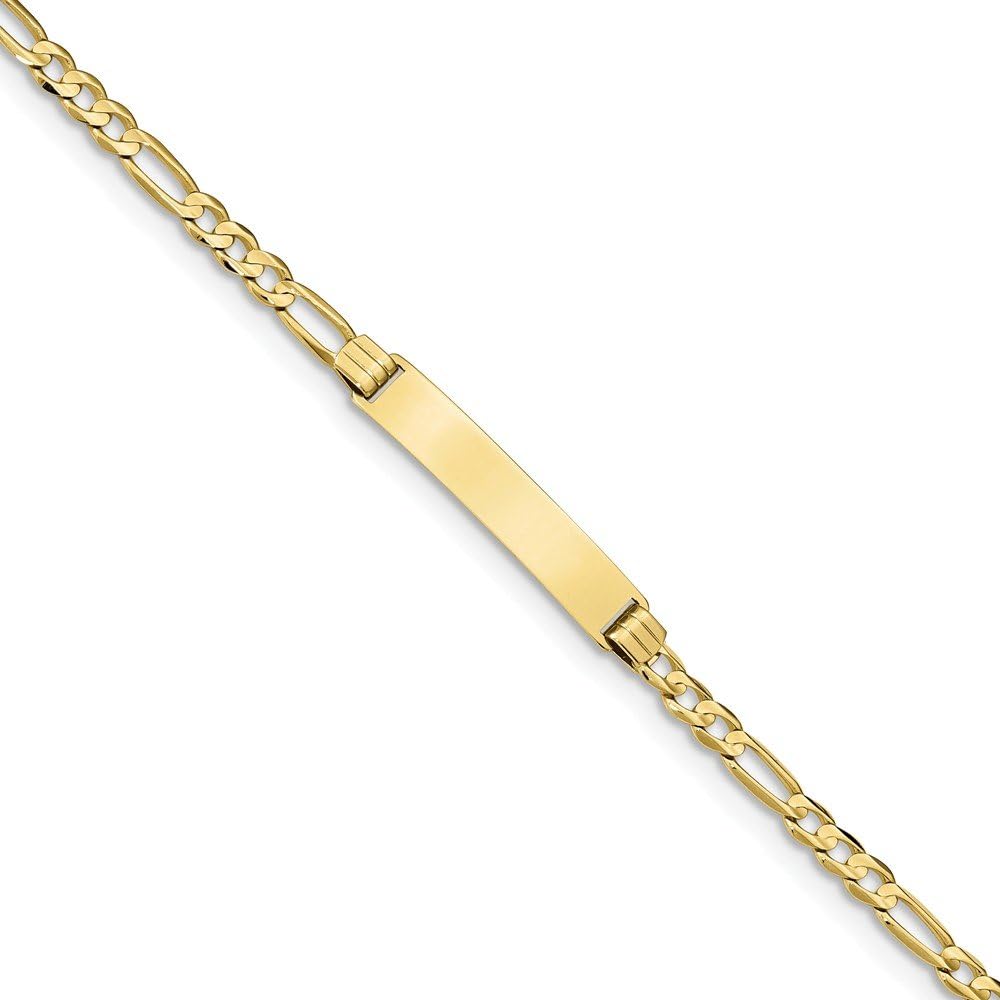 Solid 10k Yellow Gold Figaro Link ID Bracelet Engravable Identification Name Bar Tag - with Secure Lobster Lock Clasp 7" (Width = 5mm)