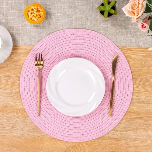 Image of SHACOS Round Braided Placemats Set of 4 Washable 15 inch Round Table Mats for Dining Table Place Mats Home Wedding Party Decor (Pink, 4)