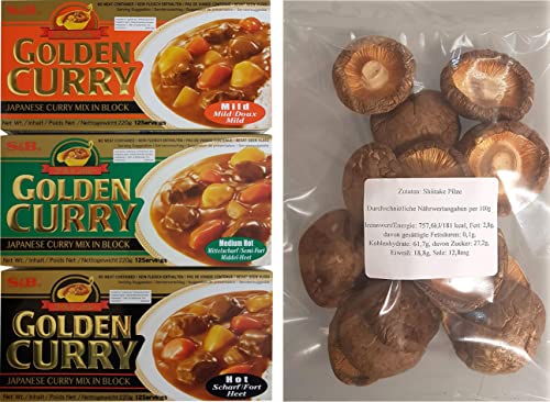 3 x 220g japanisches Curry, Golden Curry S&B Mild, Medium Mittelscharf & Hot, Currypaste, 660g Curryblöcke + 50g Shiitake Pilze Cover