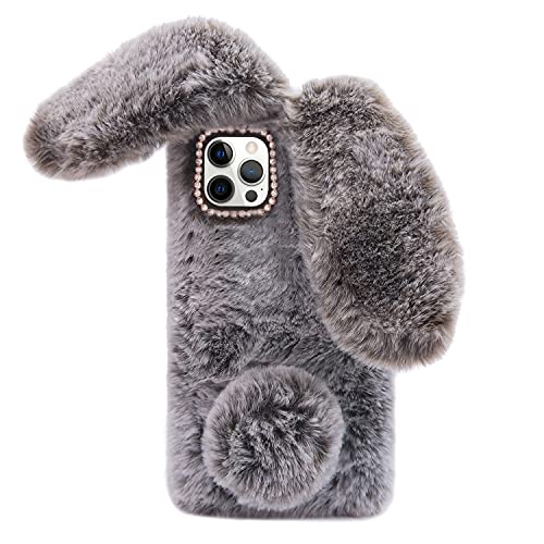 Omorro Compatible with iPhone 13 Pro Max Plush Rabbit Case for Women Girls Soft Warm Fluffy Furry Bunny Ear Fur Phone Cover Protective Bling Crystal Rhinestone Bow Knot Diamond Brown