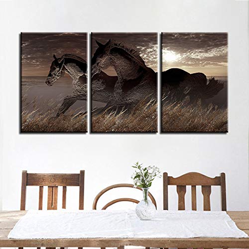Peinture décor à la maison mur 3 pièces chevaux triptyque moderne