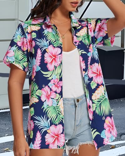 Women Hawaiian Shirt Button Down Summer Tops Beach Cool Short Sleeve V Neck Blouse4