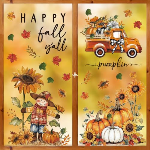 Horaldaily 36 PCS Fall Window Cling Sticker Scarecrow Sunflower Pumpkin House Truck Home Party Supplies Shop Window Glass Display Decoration