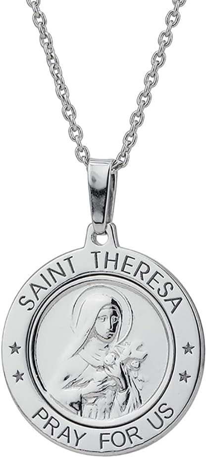 Vanbelle Sterling Silver jewelry - Rhodium Plated Style with 925 stamp - Saint Theresa Medal Pendant - Classic Christian Necklace for Women - 24x32mm medal Pendant - 18" chain