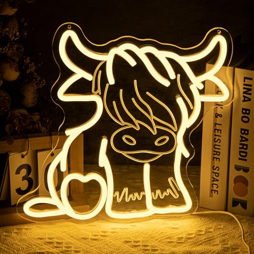 Image of Highland Cow Neon Sign Dimmable Cute Cowbow Neon Lights for Wall Decor,Farm Animal Cow Signs for Farmhouse Kid Room Decor Art Kids Party Birthday Gifts