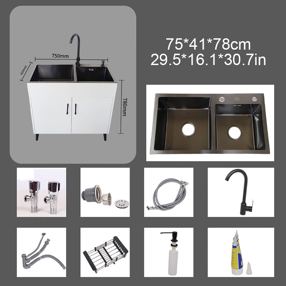 Fregadero de pie para lavandería con gabinete, gabinete de cocina de un solo tazón para casa de campo, fregadero simple, grifo para garaje, sótano, Sh, 75 x 41 x 78 cm, 30.7in