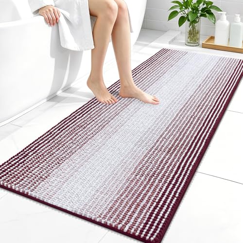 Image of OLANLY Bathroom Runner Rugs 47x24, Extra Soft Absorbent Chenille Striped Bath Rugs, Rubber Backing, Machine Wash Dry, Long Bath Mats for Bathroom, Tub, Shower, Home Decor Accessories, Burgundy