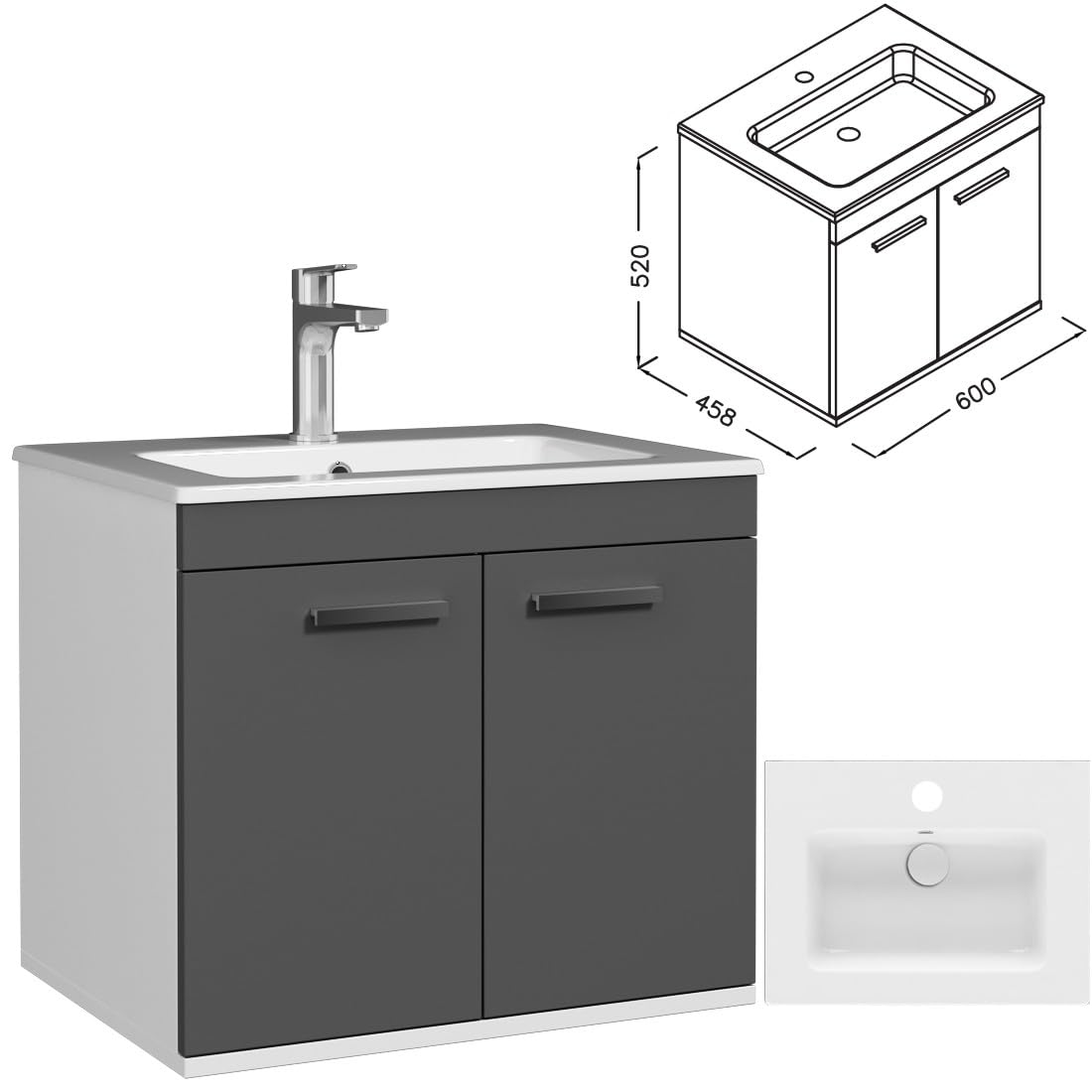 SANIVERRE RUBITE Meuble Salle de Bain Simple Vasque 2 Portes Anthracite Largeur 60 cm