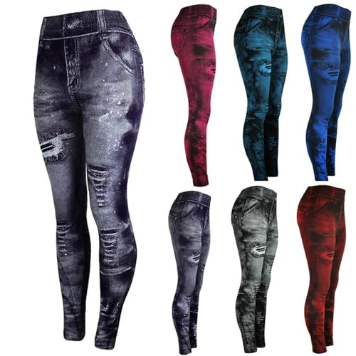 Womens Denim Print Leggings Fake Jeans Seamless High Waist Full Length Ripped Tights Elastic Slim Fit Gym Yoga Pants3
