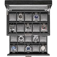 ROTHWELL 20 Slot Leather Watch box - Luxury Case Display Jewelry Organizer, Locking Display Case Holder with Large Real Glass Top - Watch Box Organizer for Men and Women Black/Grey