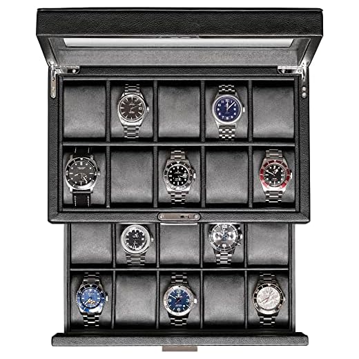 ROTHWELL Caja de reloj de cuero con 20 ranuras, organizador de joyas de lujo, soporte de exhibición de relojes con tapa grande de cristal real, organizador de caja de reloj para hombres y mujeres