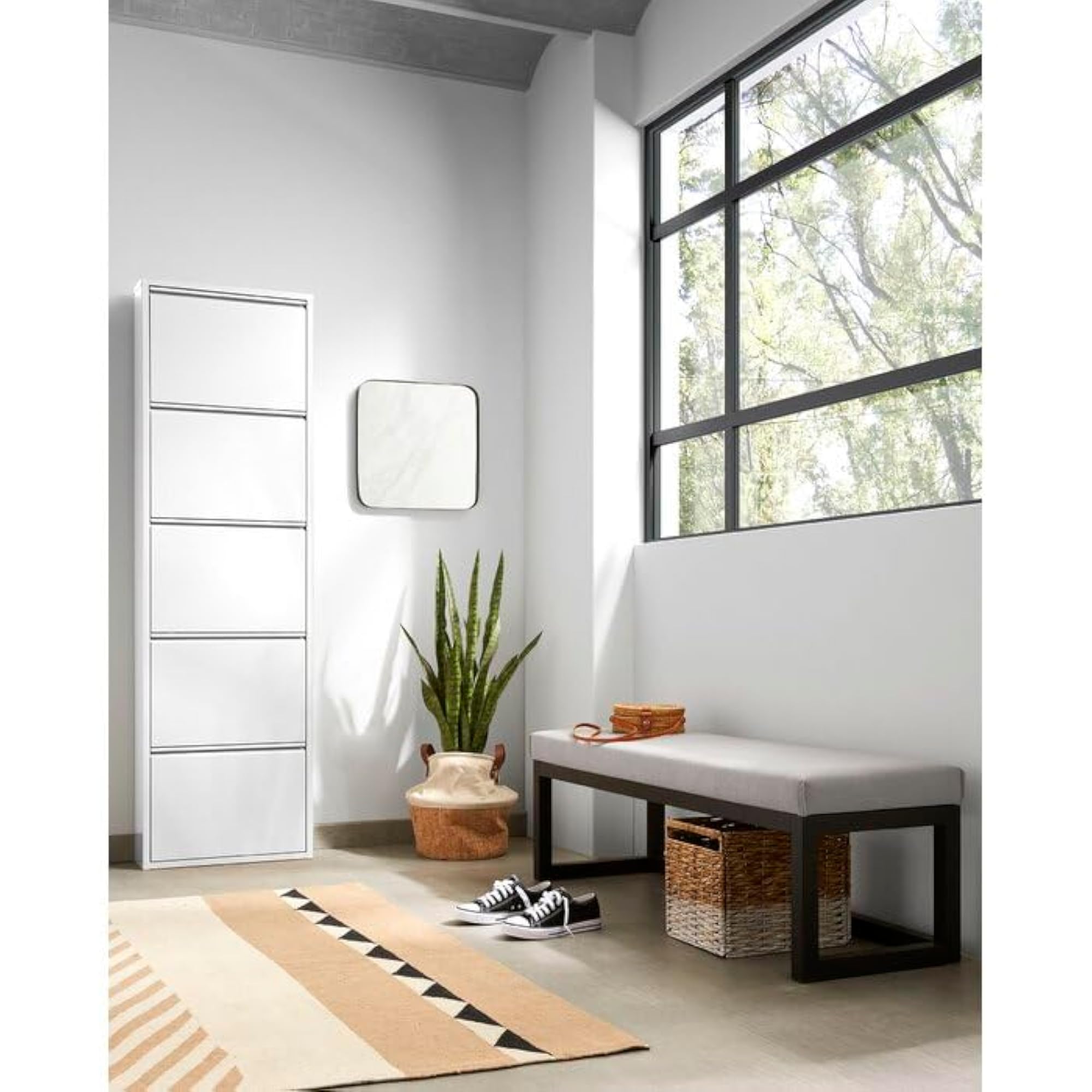Upholstered Bench with Black Metal Frame