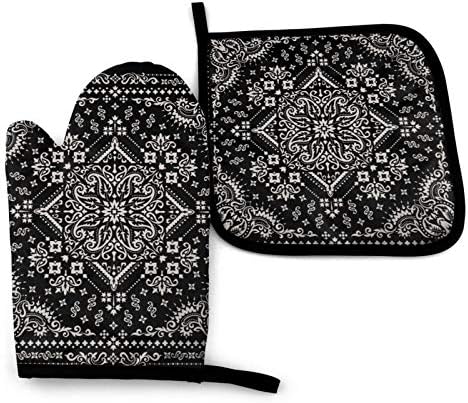 Black White Boho Mandala Pot Holder and Oven Mitt Retro Ornament Paisley Oven Mitt Non-Slip Cooking Glove for BBQ Cooking Baking Grilling