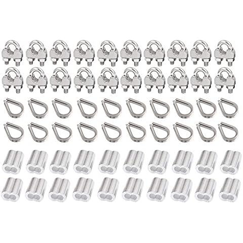 Ymkf Sqqr 60Pcs M3 Stainless Steel Wire Rope Cable Clip clamp M3 Stainless Steel Thimble M3 Aluminum Crimping Loop Sleeve for 1/8 inch Wire Rope Cable（3 Styles, 20PCS Each） Cover