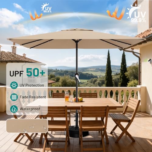Image of AreShark 8' X 10' Rectangular Patio Umbrella with Solar Lights, Lighted Solar Umbrella with Crank, Outdoor Table Umbrella for Garden, Deck, Backyard, Pool and Beach, Beige