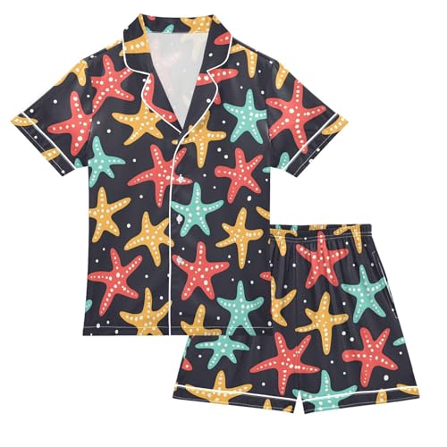 ALAZA Starfish Polka Dots Satin Pajamas Set Short Sleeve Button Down Sleepwear Summer Pjs 2 Piece