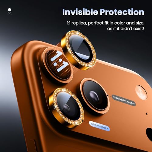 Image of CLITZ for iPhone 17 Pro /17 Pro Max Camera Lens Protector Bling, Individual Diamond Metal Ring with 9H Hardness, Scratch-Proof Camera Screen Protector Case Friendly (Orange Diamond)