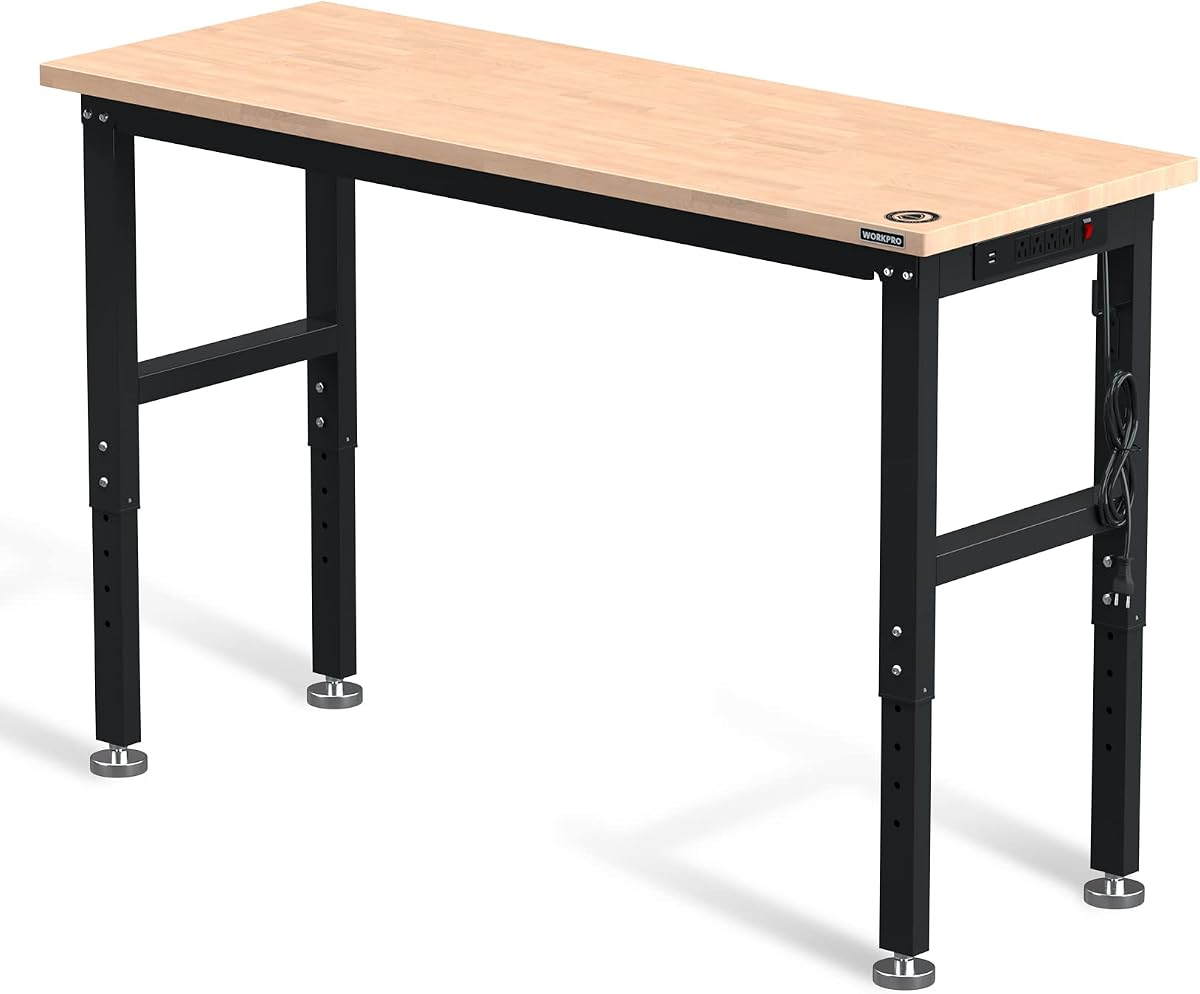 WORKPRO Banco de trabajo ajustable de 60 pulgadas, tapa de madera de caucho, capacidad de 2000 libras | 3 ajustes de altura, tomas de corriente integradas, mesa de trabajo resistente para talleres, garajes y proyectos de bricolaje