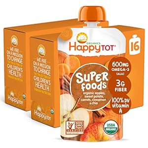HAPPYTOT Organics Stage 4 Baby Food Pouches, Gluten Free, Vegan Snack, SuperFoods Fruit & Veggie Puree, Apples, Sweet Potatoes, Carrots, Cinnamon & Chia, 4.22 Ounce (Pack of 16)