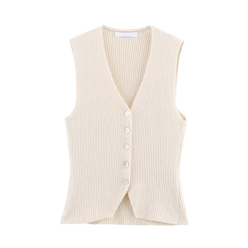 2025 Summer French Lazy Knitted Single Breasted Vest Tank Tops Minimalist Beige Elegant Knit Sweater Women