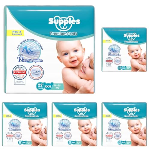 Image of Amazon Brand - Supples Premium Baby Diaper Pants | 22 Baby Diapers | XXXL | 18-55 Kg | 12 Hrs Absorption | Cushiony Cotton Soft Fabric | Phthalates-Free | Triple Leak Guard (Pack of 5)