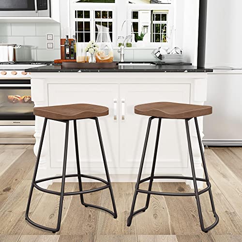 Awonde 24" Swivel Bar Stools Set Of 2 Industrial Backess Bartsools Metal Counter Height Stools With Wood Top Matte Black #TOP2