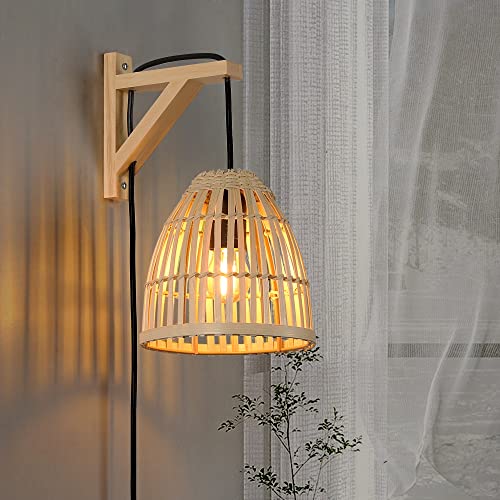 Moderne Wandleuchte aus Bambus mit Kabel Schalter – Rattan Korb Lampenschirm Kronleuchter zum Wandlampe Aufhängen, Innen Wandbeleuchtung aus Holzgeflecht Deko für Kochinsel, Wohnzimmer, Restaurant